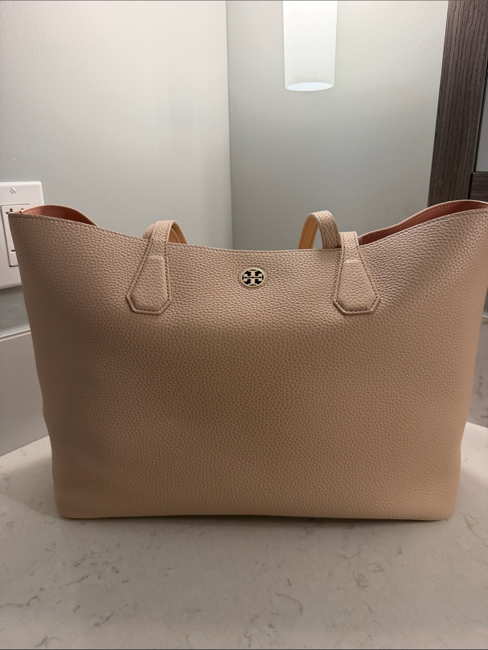 Tory Burch Blush Pebbled Leather Tote with Gold Emblem